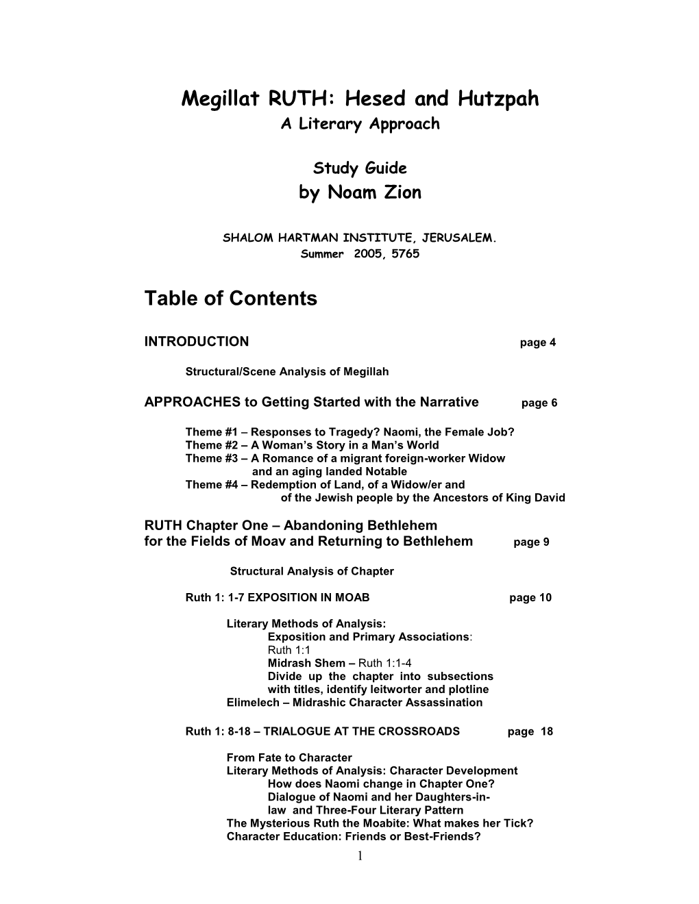 Megillat RUTH: Hesed and Hutzpah Table of Contents