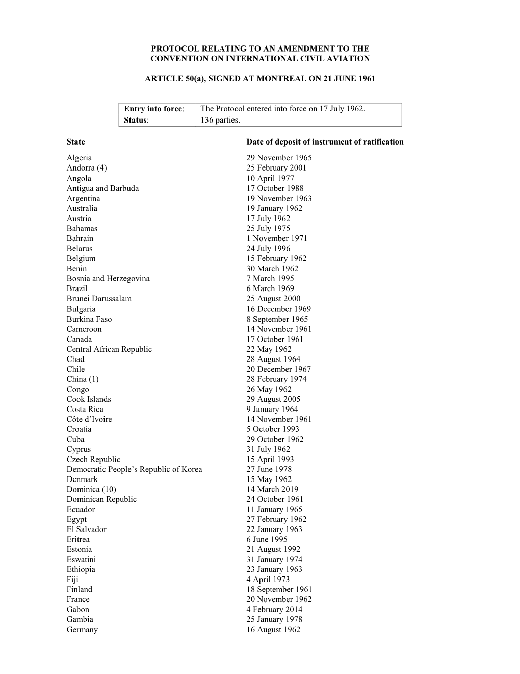 Protocol Relating to an Amendment to the Convention on International Civil Aviation