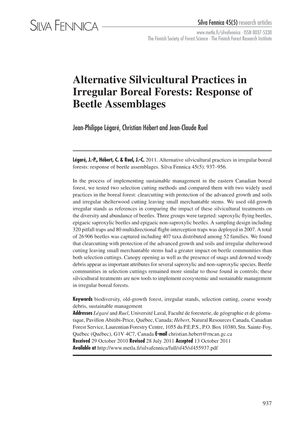 Alternative Silvicultural Practices in Irregular Boreal Forests: Response of Beetle Assemblages