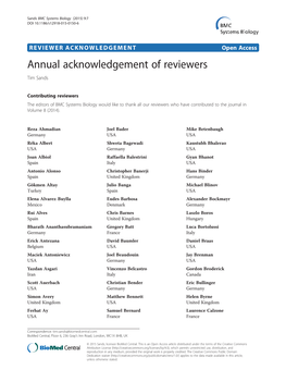Annual Acknowledgement of Reviewers Tim Sands