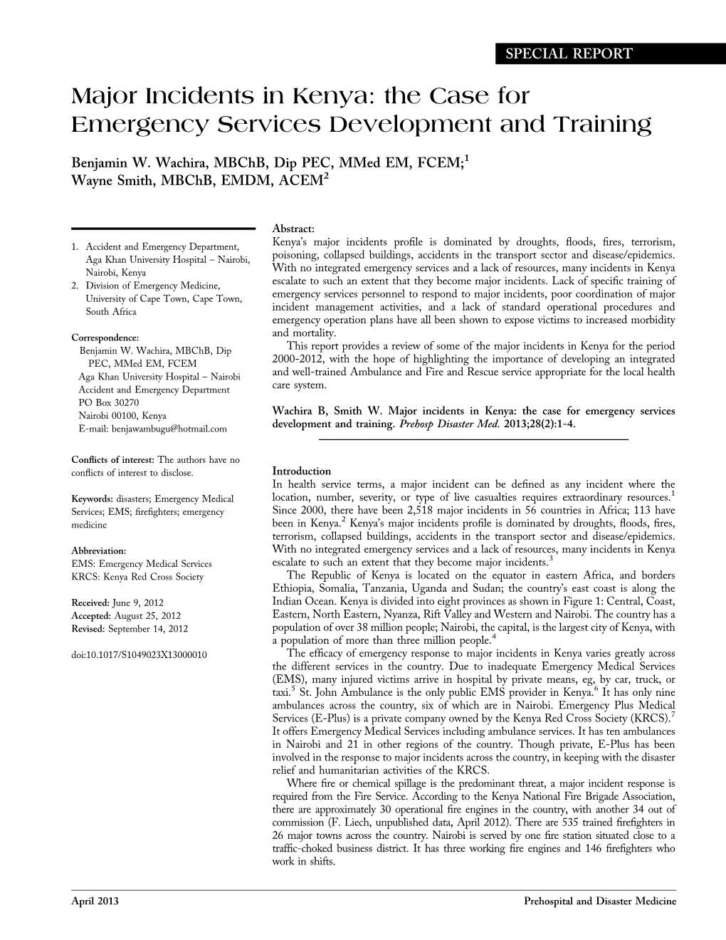 Major Incidents in Kenya: the Case for Emergency Services Development and Training