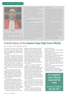 A Brief History of the Eastern Cape High Court, Bhisho a Complete Law