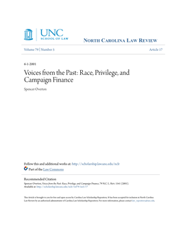Voices from the Past: Race, Privilege, and Campaign Finance Spencer Overton