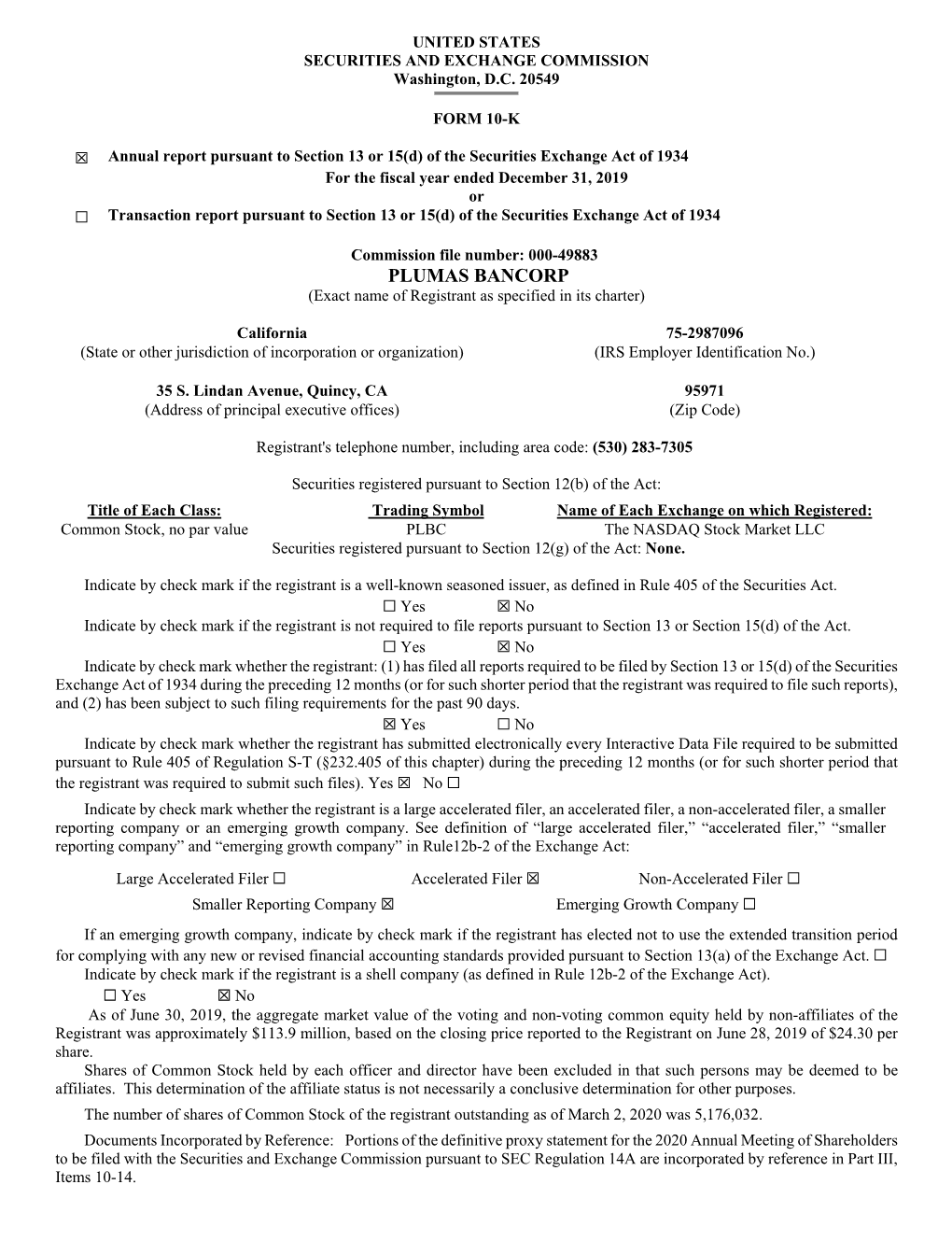 PLUMAS BANCORP (Exact Name of Registrant As Specified in Its Charter)