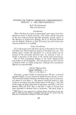 STUDIES on NORTH AMERICAN CARBONIFEROUS INSECTS 1. the PROTODONATA by F. M. CARPENTER Harvard University