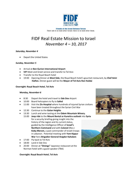 FIDF Real Estate Mission to Israel November 4 – 10, 2017