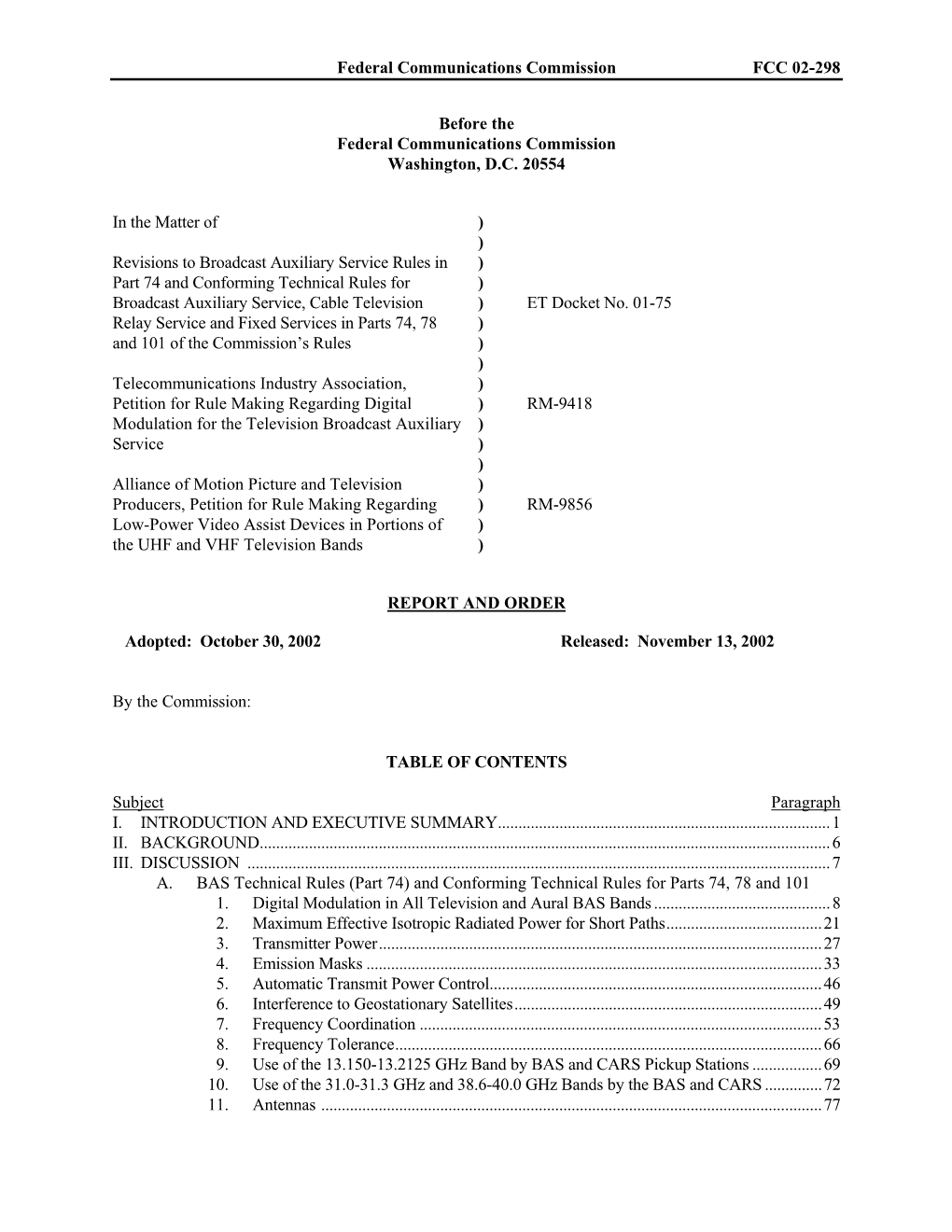 Federal Communications Commission FCC 02-298 Before the Federal