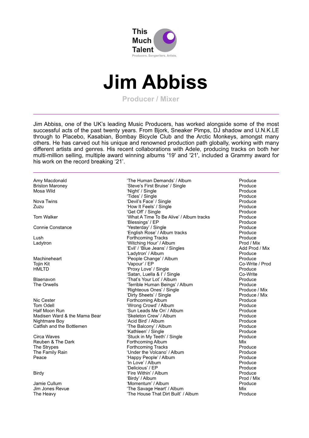 Jim Abbiss Complete CV.Pdf