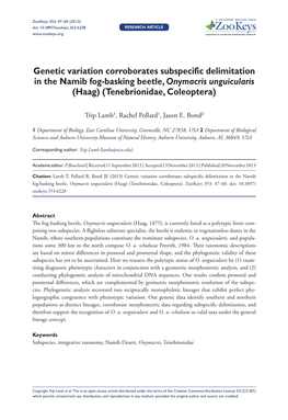 Genetic Variation Corroborates Subspecific Delimitation in the Namib Fog-Basking Beetle, Onymacris Unguicularis (Haag) (Tenebrionidae, Coleoptera)