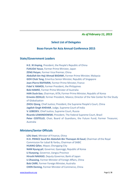 As of February 11, 2015 Select List of Delegates Boao Forum for Asia