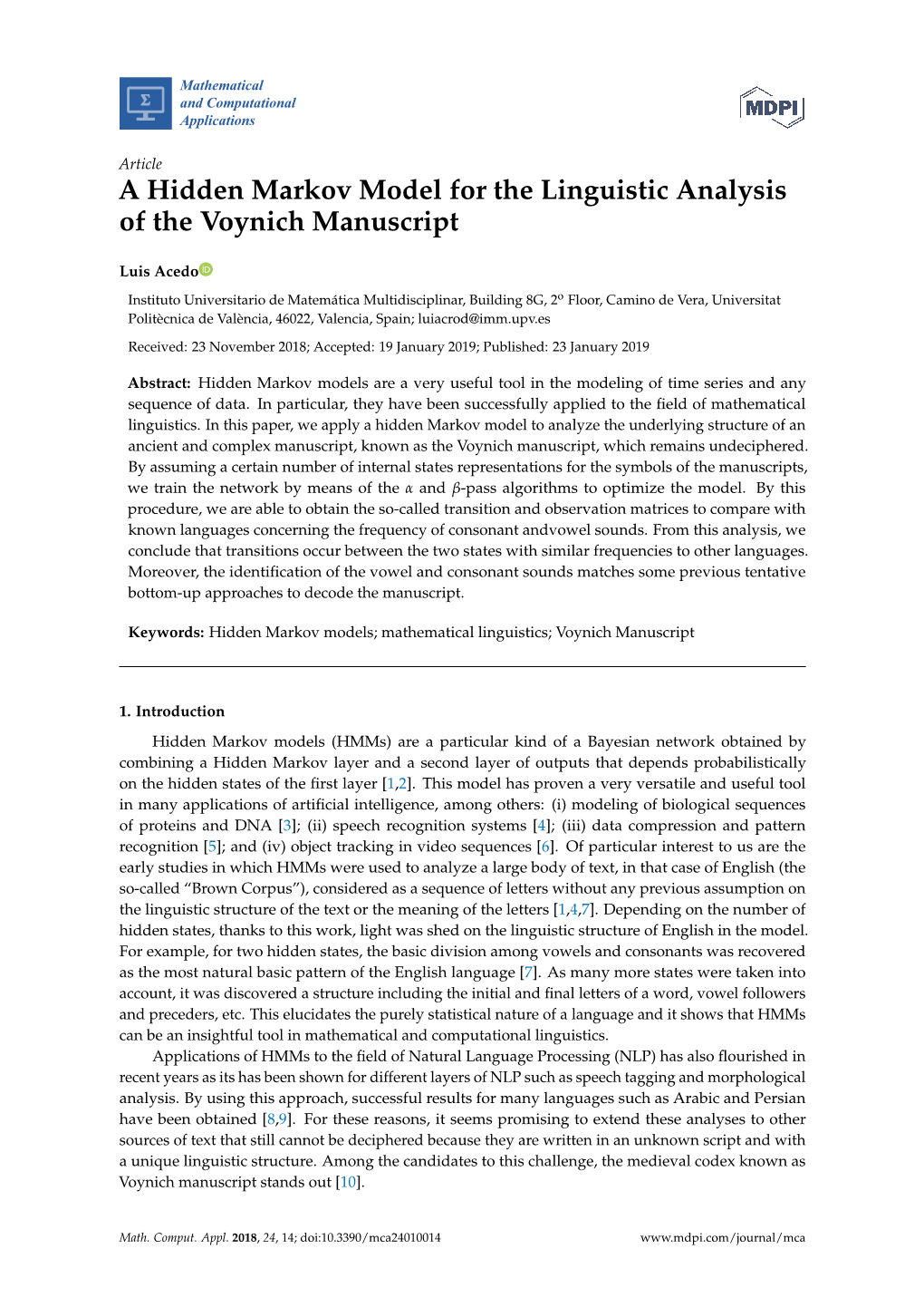 A Hidden Markov Model for the Linguistic Analysis of the Voynich Manuscript
