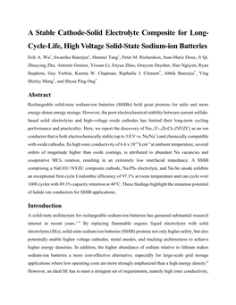 A Stable Cathode-Solid Electrolyte Composite for Long- Cycle-Life, High Voltage Solid-State Sodium-Ion Batteries