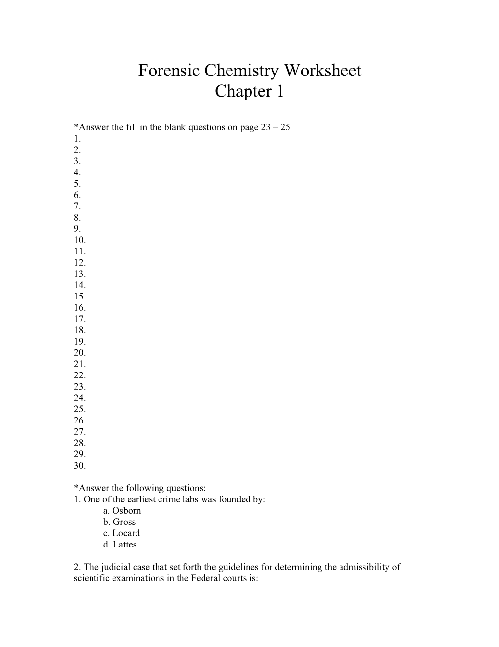 Forensic Chemistry Worksheet