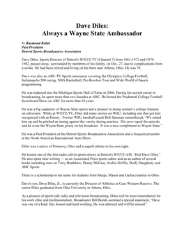 Dave Diles: Always a Wayne State Ambassador by Raymond Rolak Past President Detroit Sports Broadcasters Association