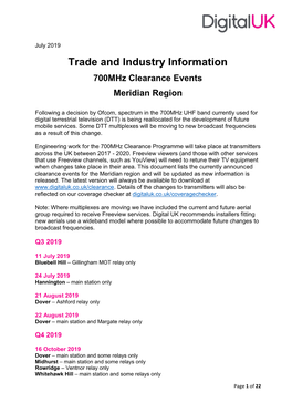 Trade and Industry Information 700Mhz Clearance Events Meridian Region
