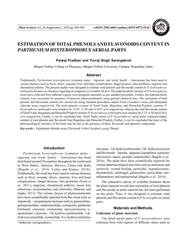 Estimation of Total Phenols and Flavonoids Content in Parthenium Hysterophorus Aerial Parts