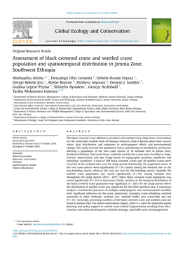 Assessment of Black Crowned Crane and Wattled Crane Population and Spatiotemporal Distribution in Jimma Zone, Southwest Ethiopia