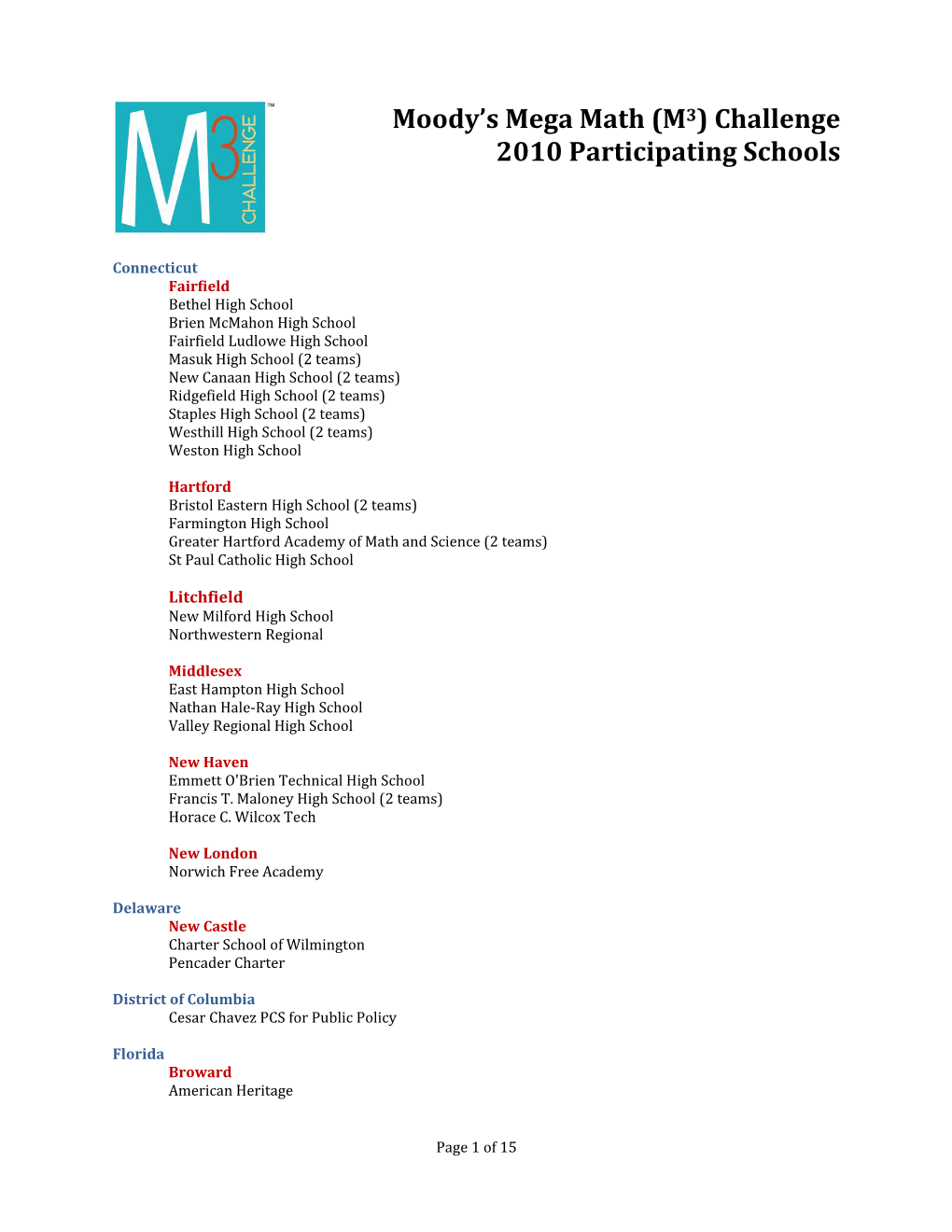 Moody's Mega Math (M3) Challenge 2010 Participating Schools