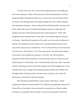 1 T.S. Eliot Wrote in His 1921 Essay That the Metaphysical Poets Successfully Fuse Both Reason and Passion. Many of These Poets