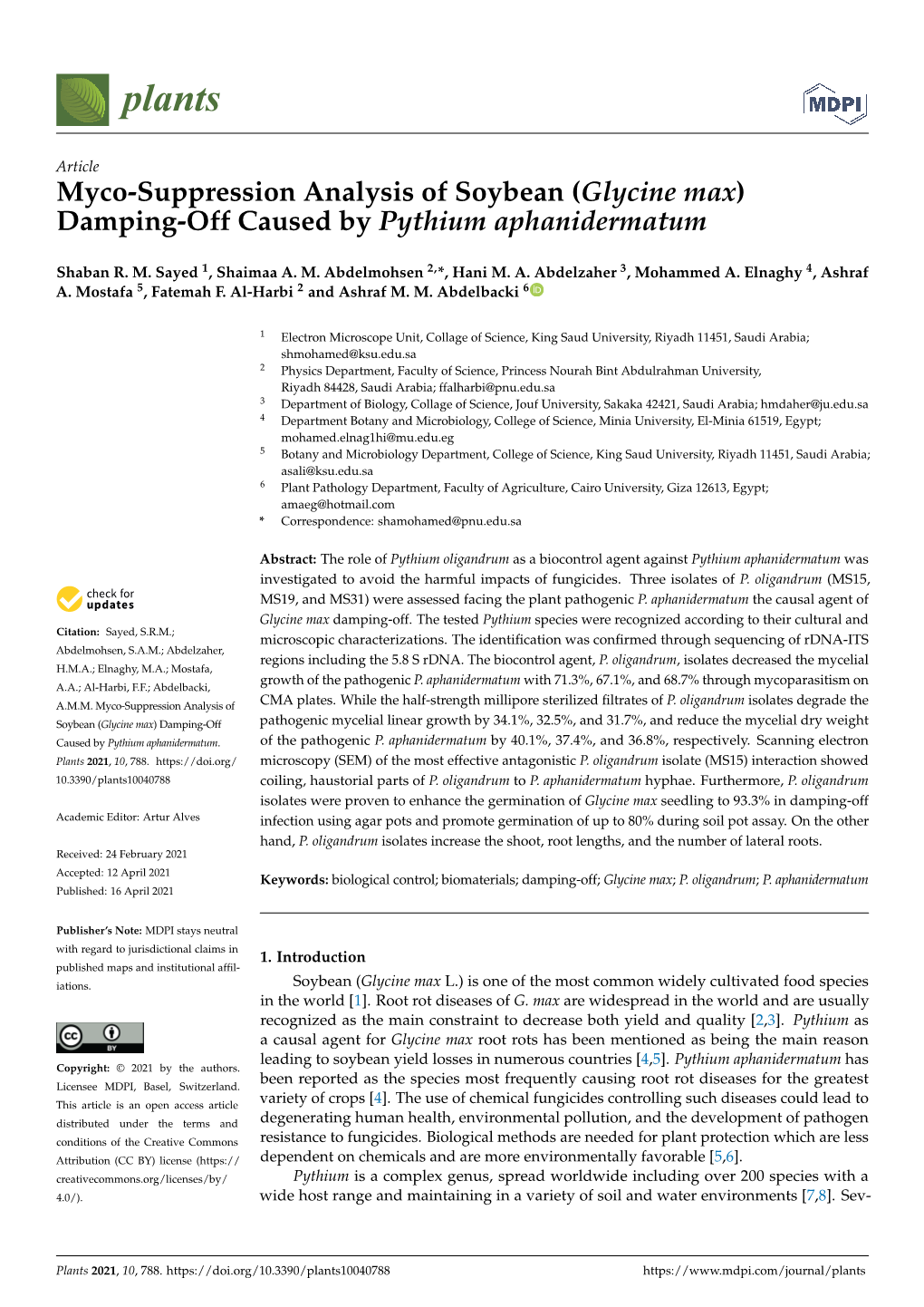 Myco-Suppression Analysis of Soybean (Glycine Max) Damping-Off Caused by Pythium Aphanidermatum