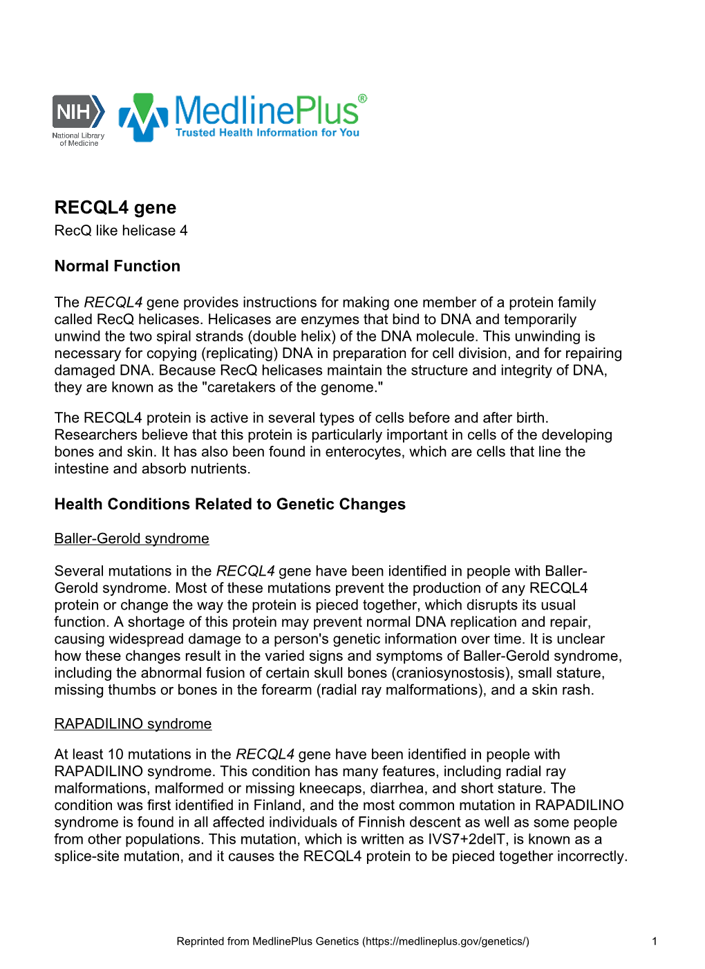 RECQL4 Gene Recq Like Helicase 4