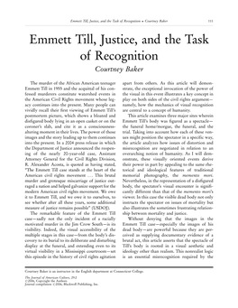 Emmett Till, Justice, and the Task of Recognition  Courtney Baker 111 Emmetttill,Justice,Andthetask of Recognition Courtney Baker