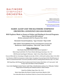 Baltimore Symphony Orchestra and Marin Alsop Announce 2009-2010