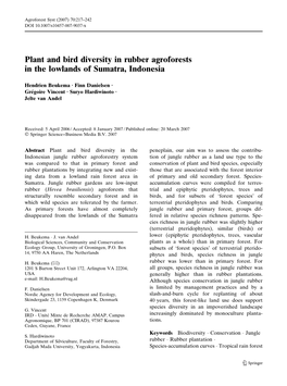 Plant and Bird Diversity in Rubber Agroforests in the Lowlands of Sumatra, Indonesia