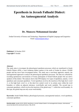 Epenthesis in Jerash Fallaahi Dialect: an Autosegmental Analysis