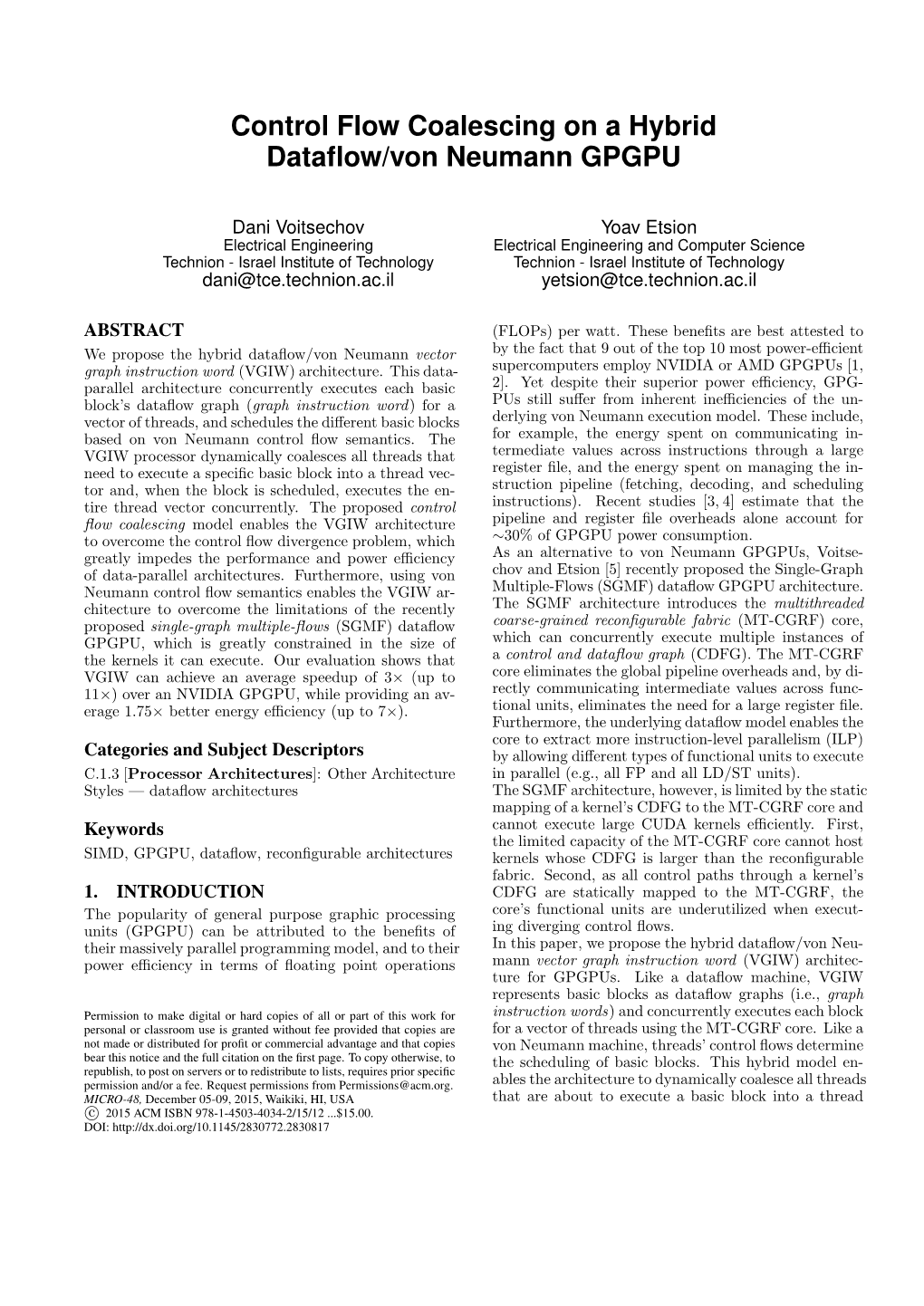 Control Flow Coalescing on a Hybrid Dataflow/Von Neumann GPGPU