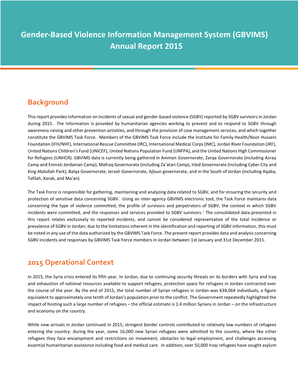 Gender-Based Violence Information Management System (GBVIMS) Annual Report 2015