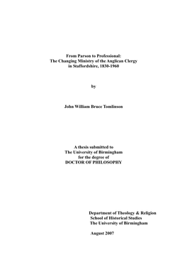 From Parson to Professional: the Changing Ministry of the Anglican Clergy in Staffordshire, 1830-1960