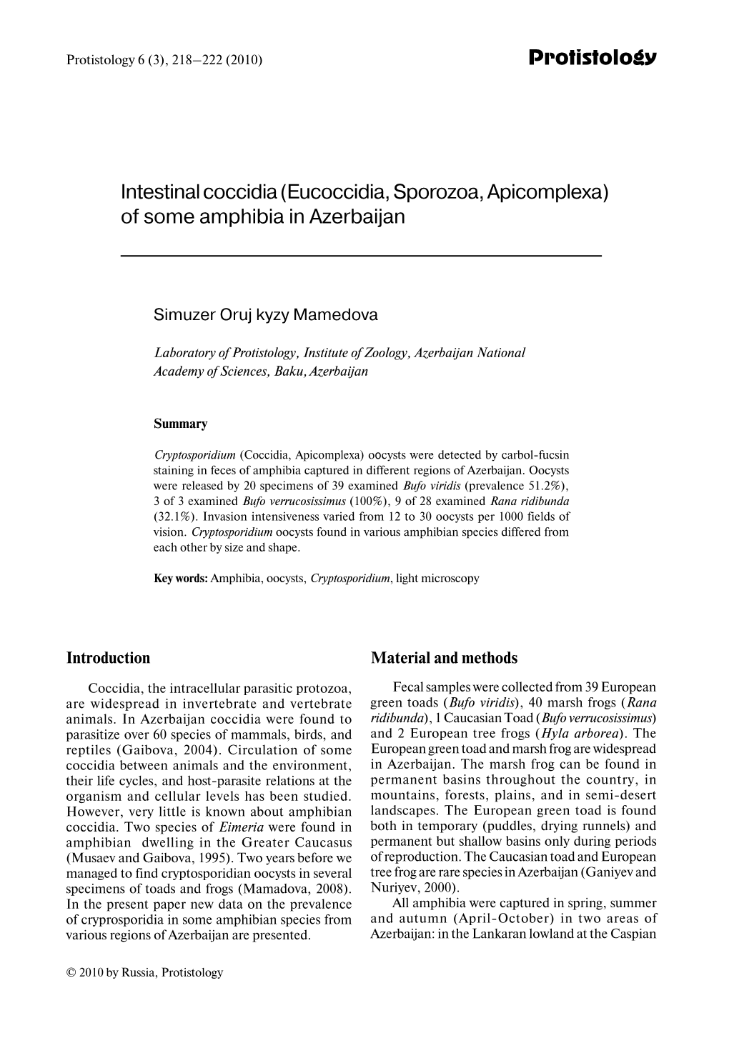 Protistology Intestinal Coccidia (Eucoccidia, Sporozoa, Apicomplexa)