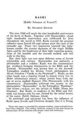 RASHI [Rabbi Solomon of France*] the Year 1940 Will Mark the Nine