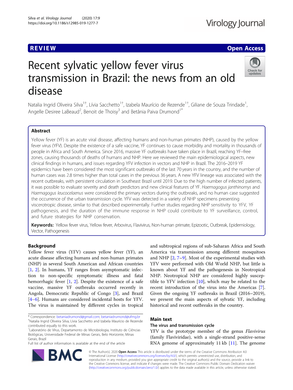 Recent Sylvatic Yellow Fever Virus Transmission in Brazil