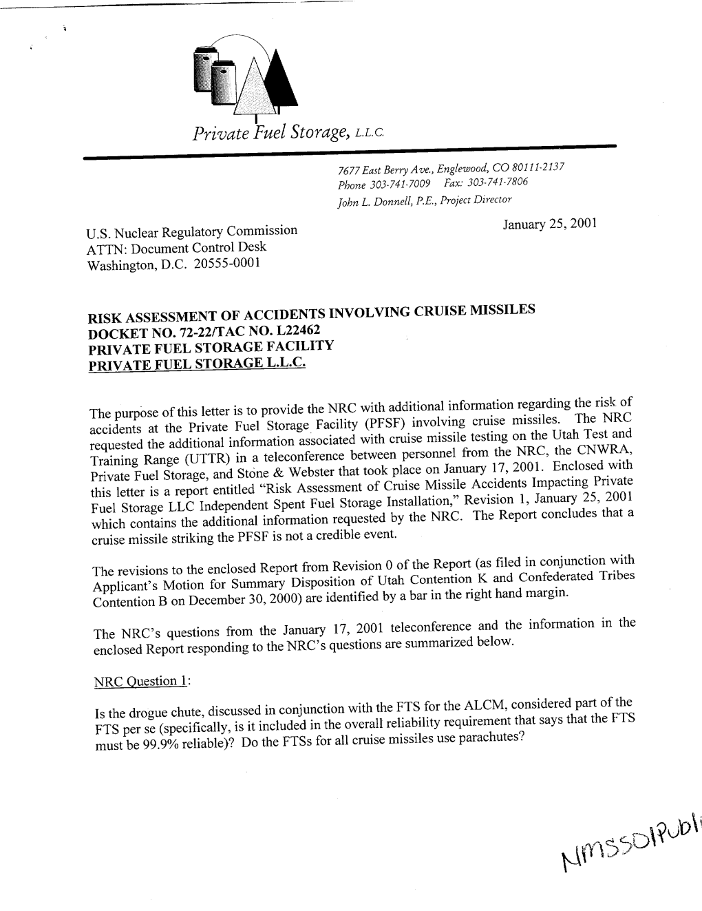 Risk Assessment of Accidents Involving Cruise Missiles, Docket No. 72-22/Tac No. L22462