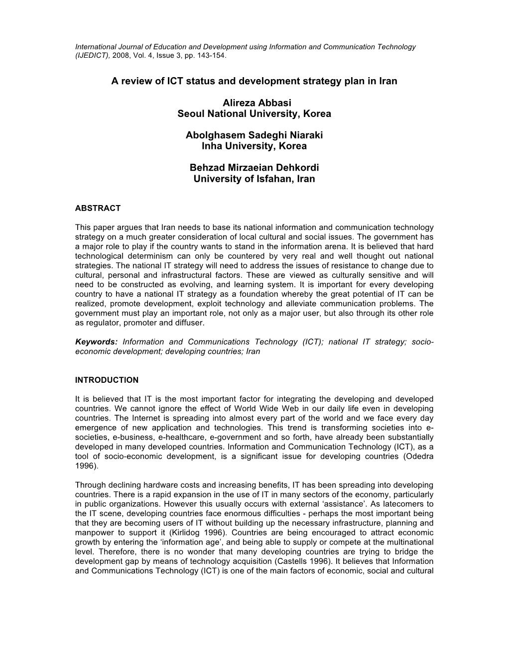 A Review of ICT Status and Development Strategy Plan in Iran