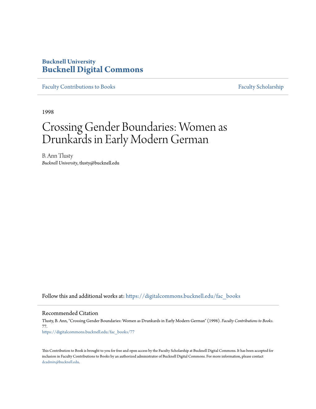 Crossing Gender Boundaries: Women As Drunkards in Early Modern German B