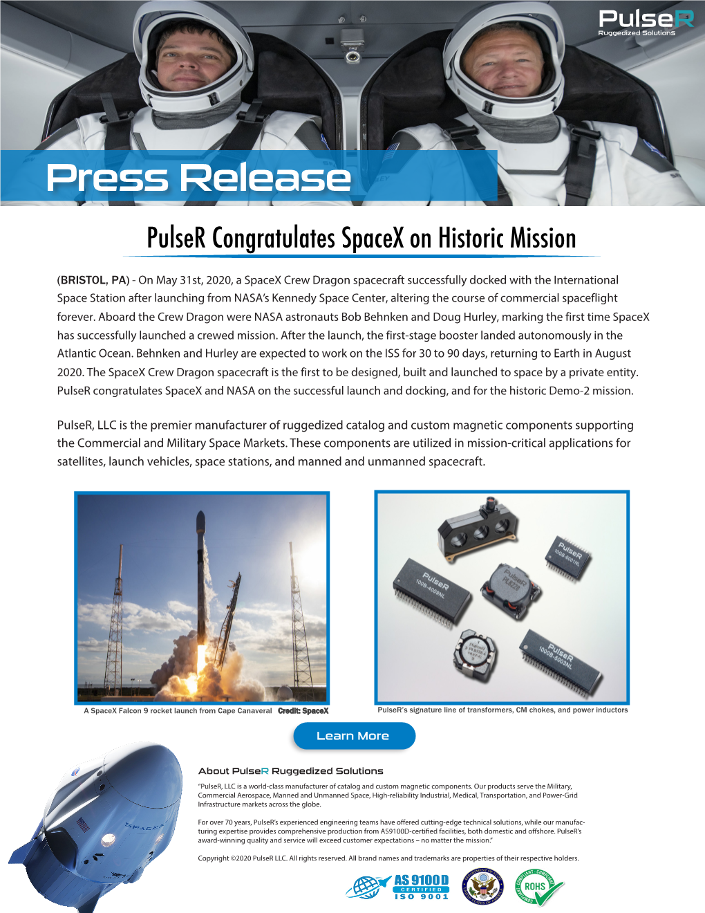 Press Release Pulser Congratulates Spacex on Historic Mission