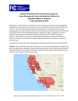 Informe Del Estado De Las Comunicaciones Para Las Áreas Afectadas Por Cortes Del Suministro Eléctrico De Seguridad Pública En California 1º De Noviembre De 2019