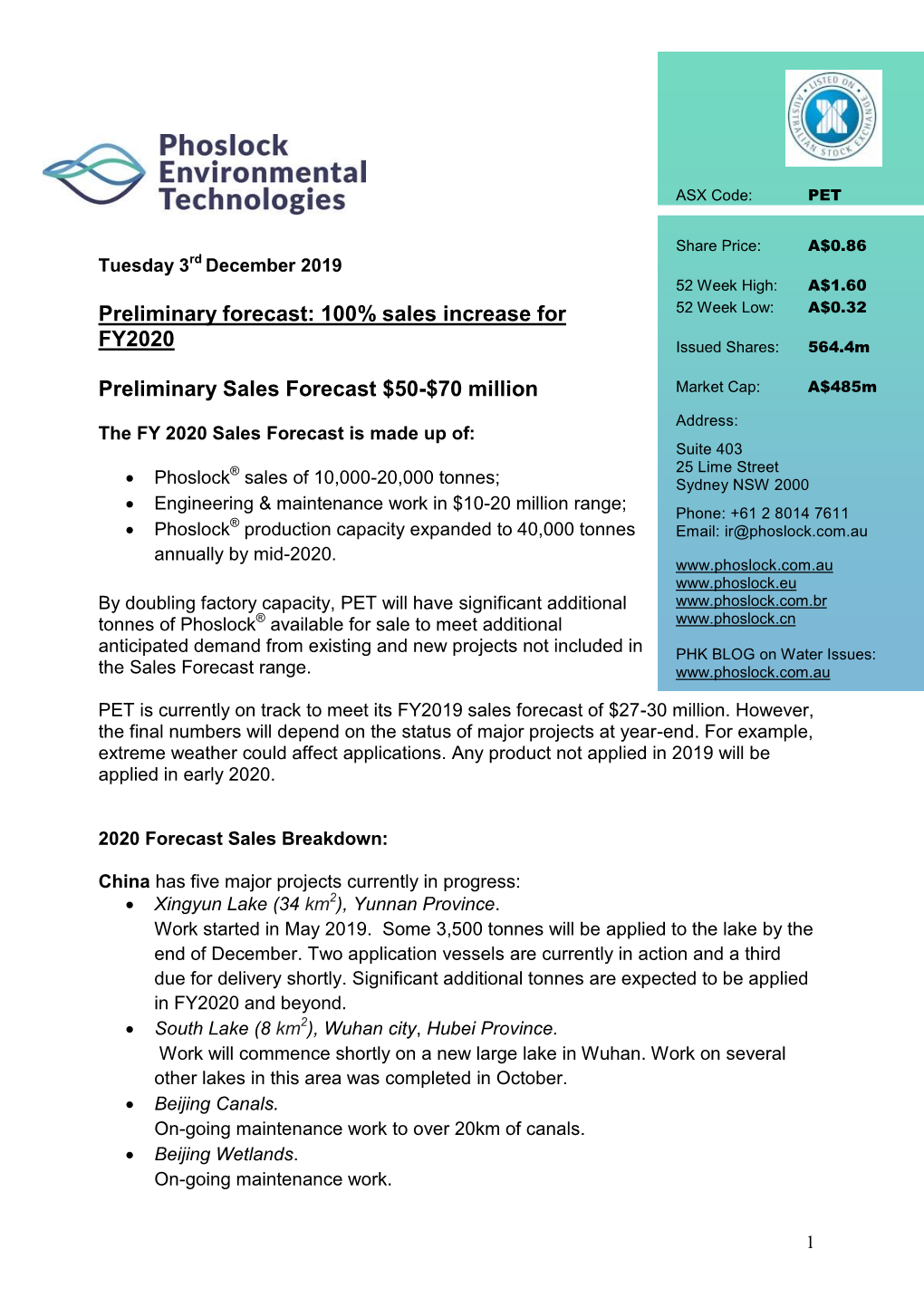 100% Sales Increase for FY2020 Preliminary Sales Forecast $50-$70