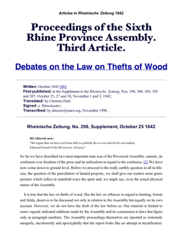 Proceedings of the Sixth Rhine Province Assembly. Third Article