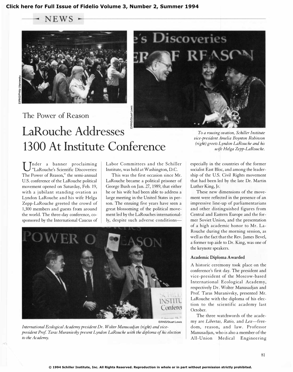 Larouche Addresses 1300 at Institute Conference