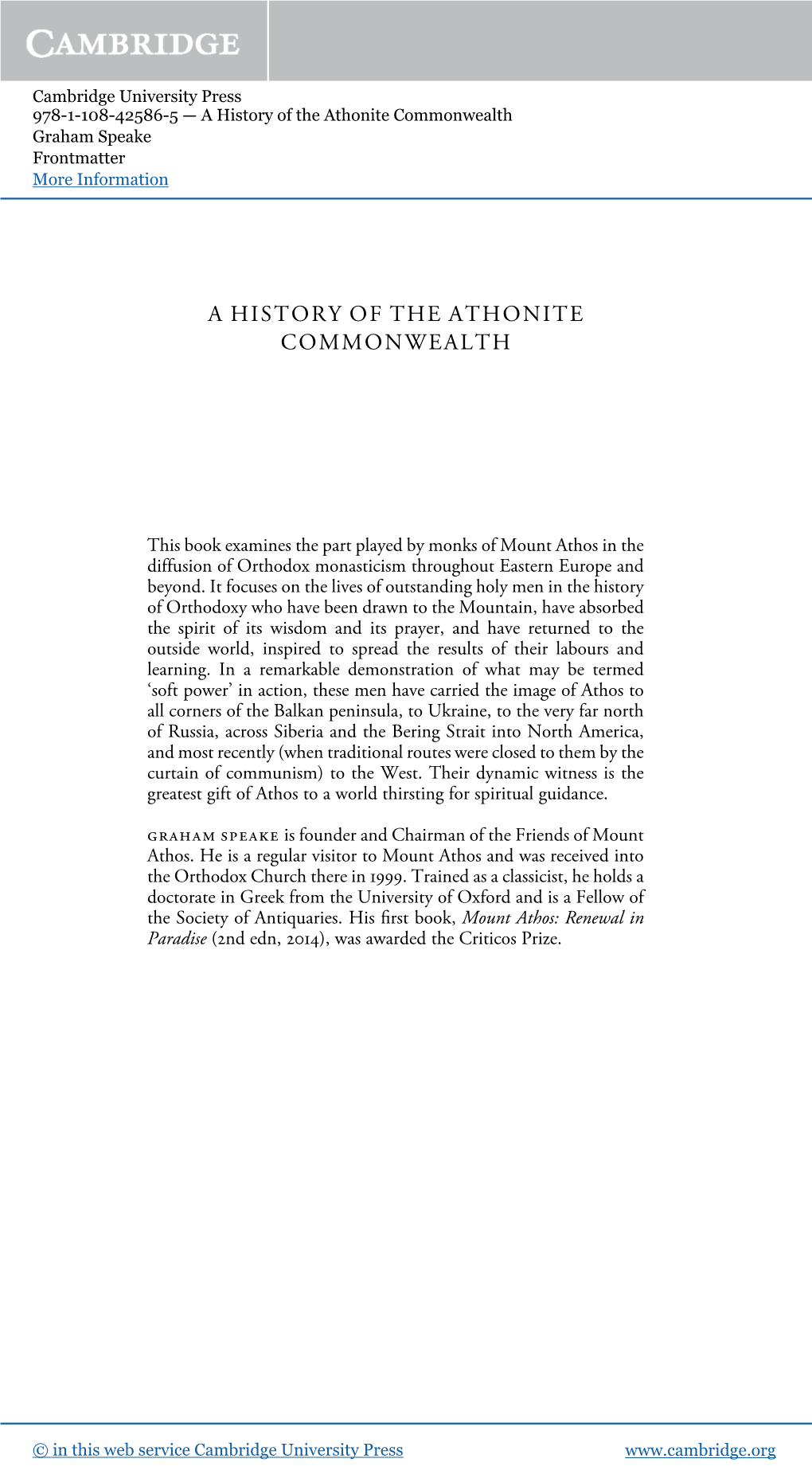 A History of the Athonite Commonwealth Graham Speake Frontmatter More Information