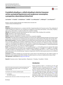 Crystalloid Coloading Vs. Colloid Coloading in Elective Caesarean