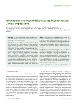 Psychedelics and Psychedelic-Assisted Psychotherapy: Clinical Implications