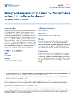 Biology and Management of Poison Ivy (Toxicodendron Radicans) in the Home Landscape1 Yuvraj Khamare and Chris Marble2
