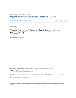 Textile Society of America Newsletter 24:1 — Winter 2012 Textile Society of America