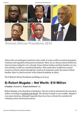 8) Robert Mugabe – Net Worth: $10 Million Richest African Presidents