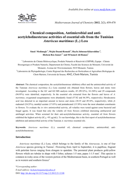 Chemical Composition, Antimicrobial and Anti- Acetylcholinesterase Activities of Essential Oils from the Tunisian Asteriscus Maritimus (L.) Less